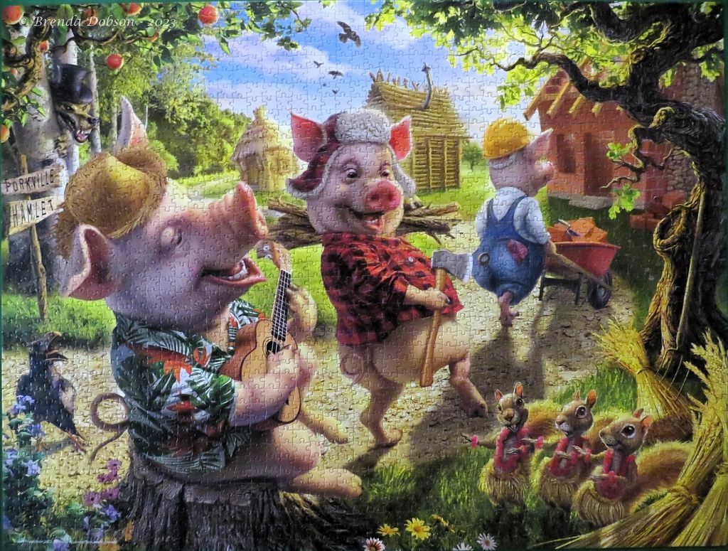 Cartoon illustration of three pigs in a forest clearing building houses, with squirrels dancing nearby.