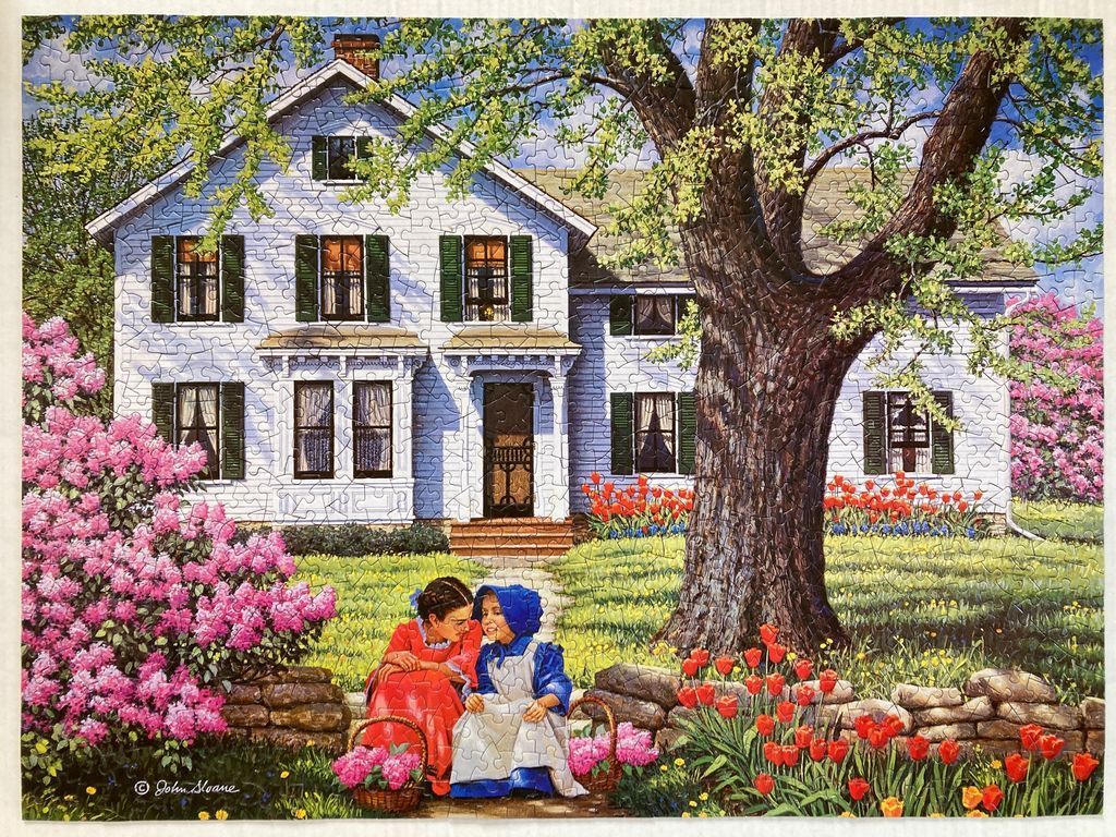 A pastoral painting of a white farmhouse with two young girls in traditional dress sitting in a garden.