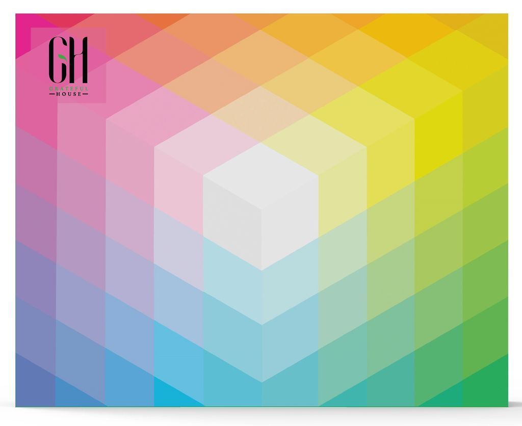 An abstract isometric pattern of stacked cubes in a vibrant rainbow gradient.