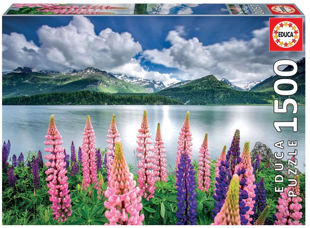 A lush field of pink and purple lupine flowers overlooking a serene lake and mountain range under a cloudy blue sky.