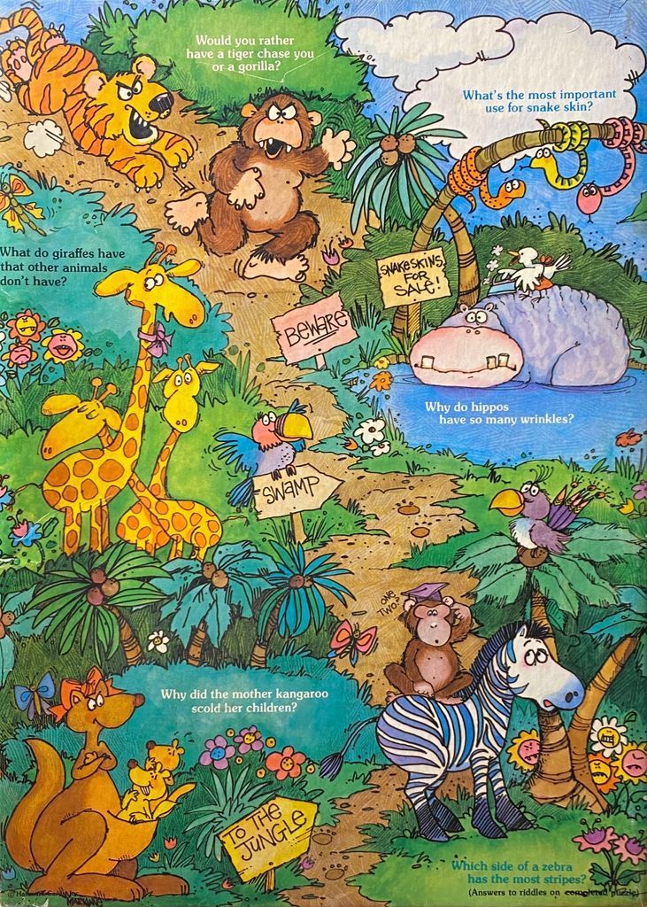 Cartoon illustration of jungle animals with riddles printed in the scene.