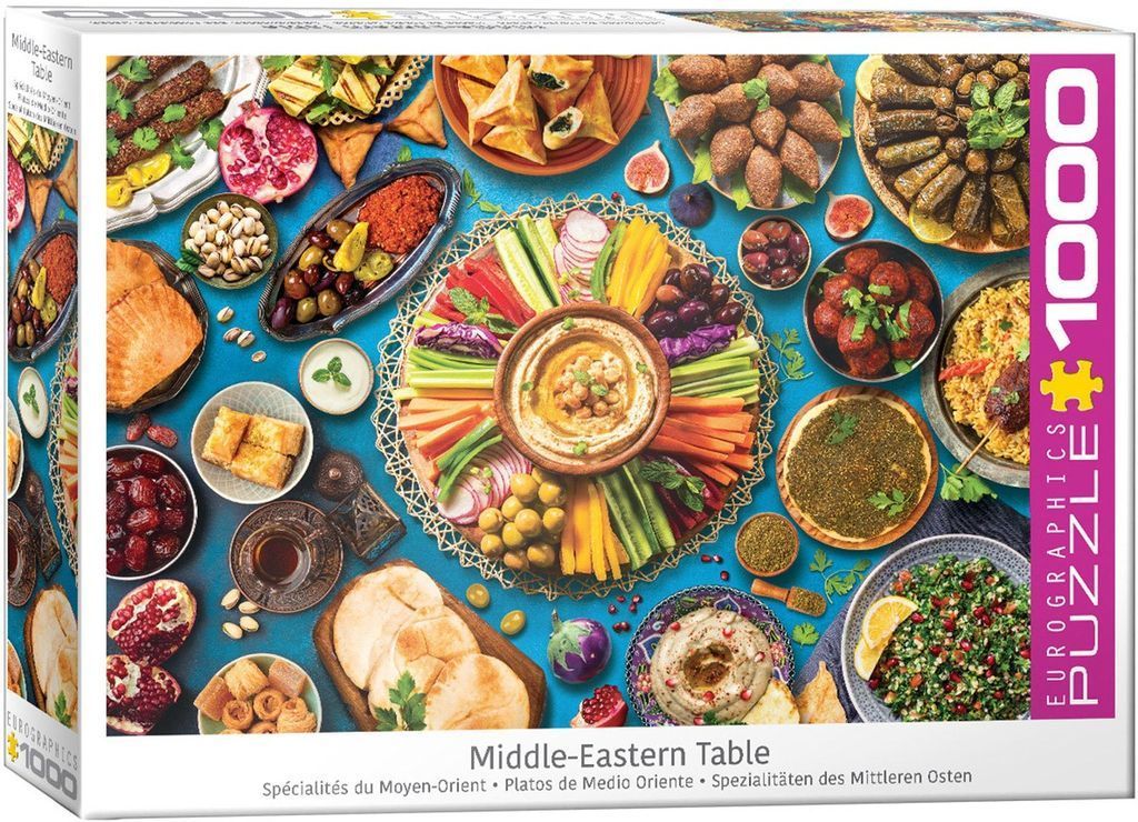 A top-down view of a colorful Middle Eastern feast featuring a variety of dishes on a vibrant blue background.