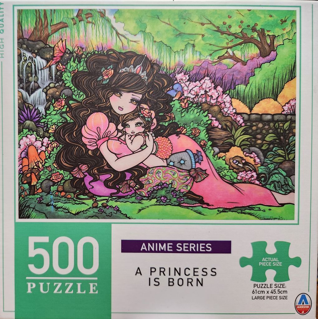 Illustration of a mother princess cradling her baby princess in a magical, lush, and colorful garden setting.