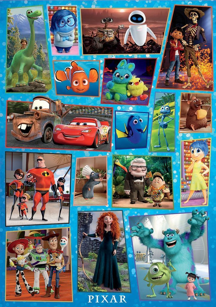 A collage of various colorful animated characters from several well-known films against a bright blue background.