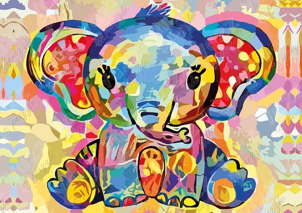 A colorful, stylized illustration of a baby elephant sitting down against a bright, abstract background.