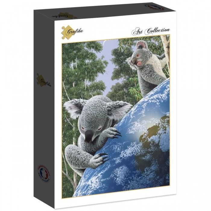 Two koalas climbing the curved surface of planet Earth against a backdrop of eucalyptus trees.