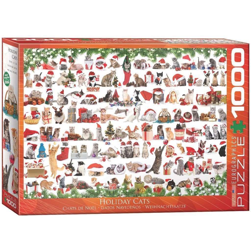 A collage of many kittens and cats wearing Santa hats or interacting with Christmas decorations.