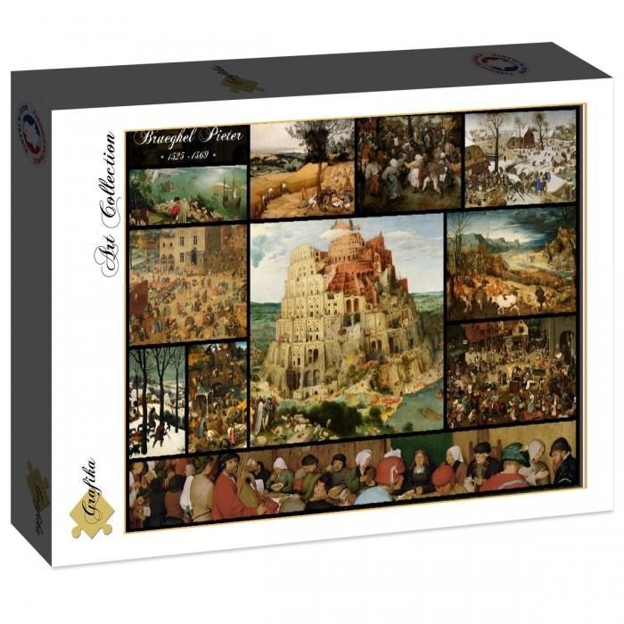 A collage of various paintings by Pieter Bruegel the Elder featuring The Tower of Babel in the center.