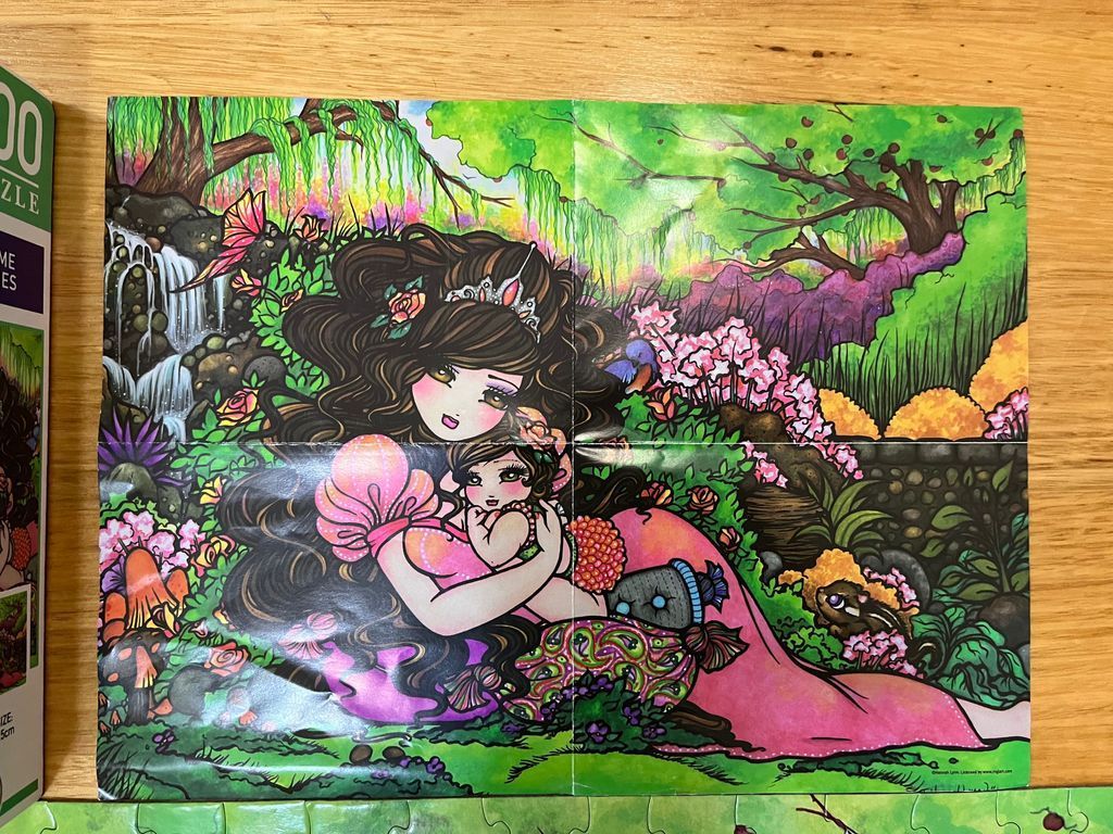A whimsical illustration of a mother and child with long flowing hair, nestled in a vibrant, lush fairy-tale garden.