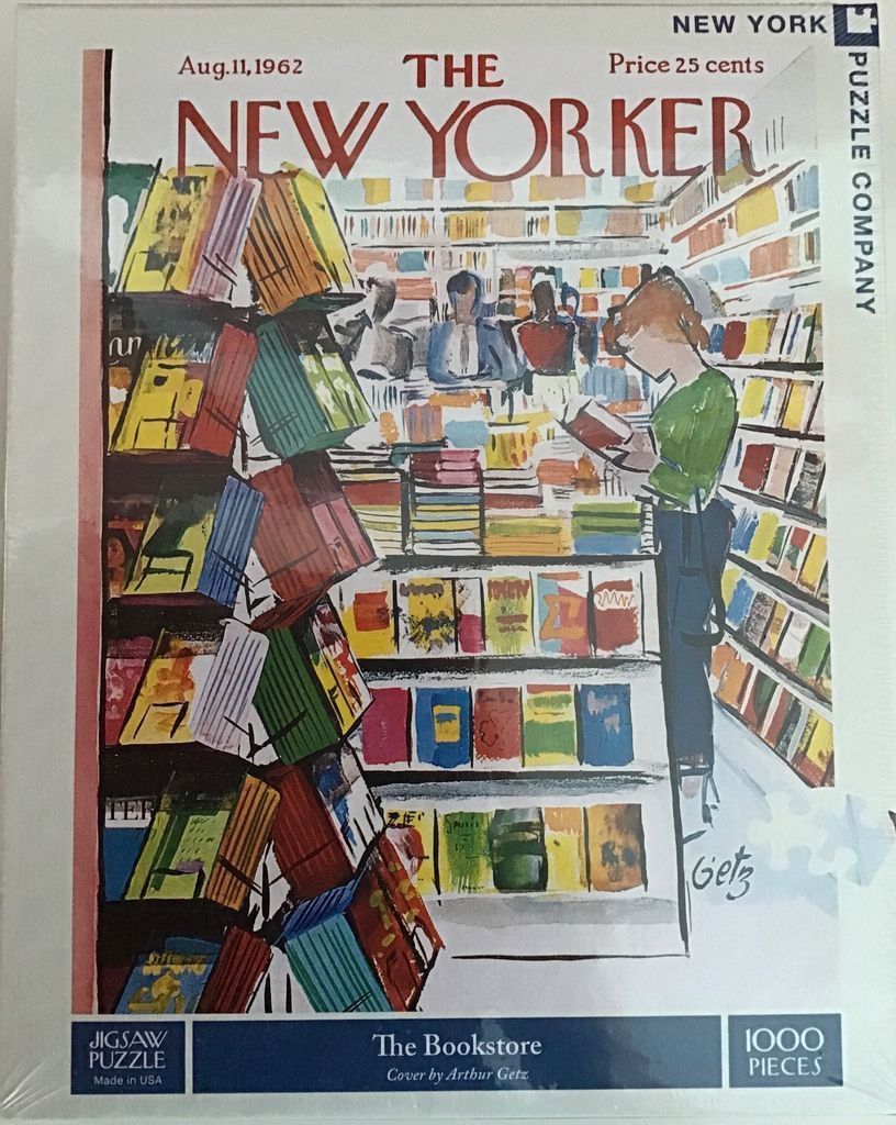 Illustration of a woman reading in a crowded bookstore from a 1962 magazine cover.