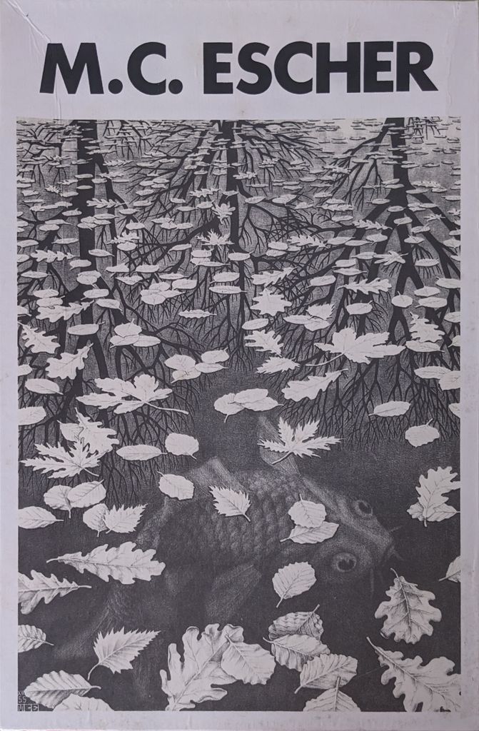 Black and white lithograph of a koi fish swimming under floating leaves with tree reflections on the water surface.