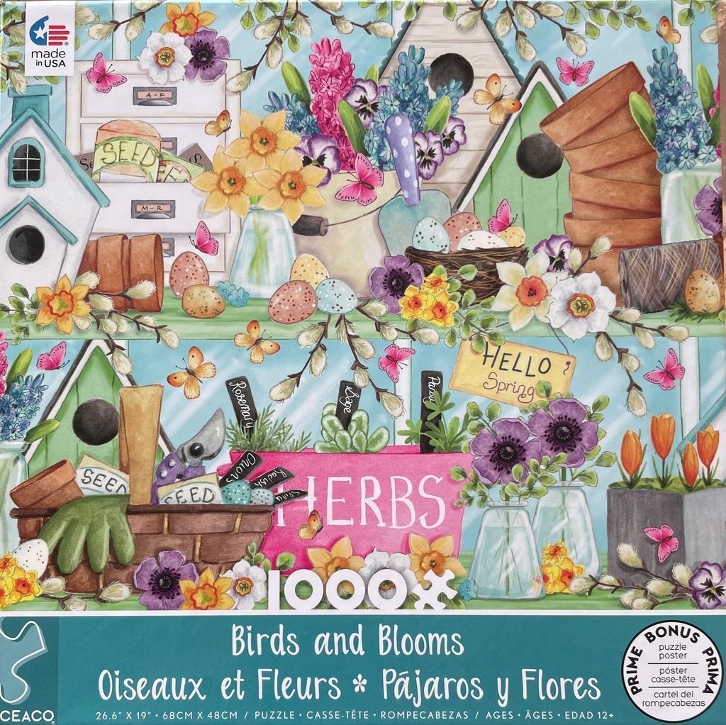 Watercolor illustration of gardening tools, spring flowers, and birdhouses on shelves.