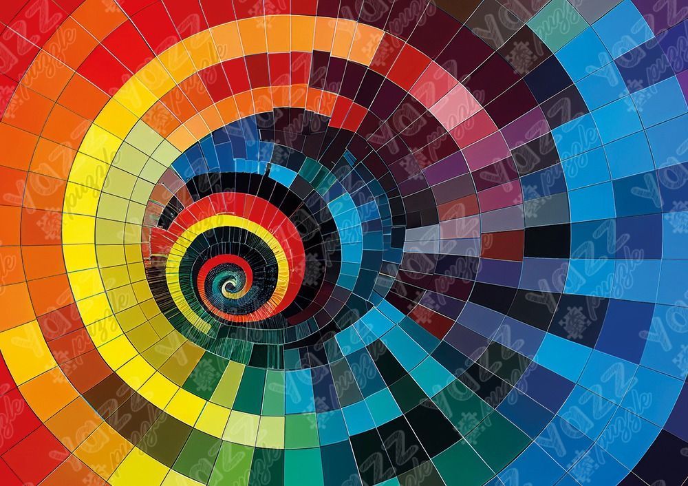 A vibrant, multicolored spiral pattern composed of geometric square tiles.
