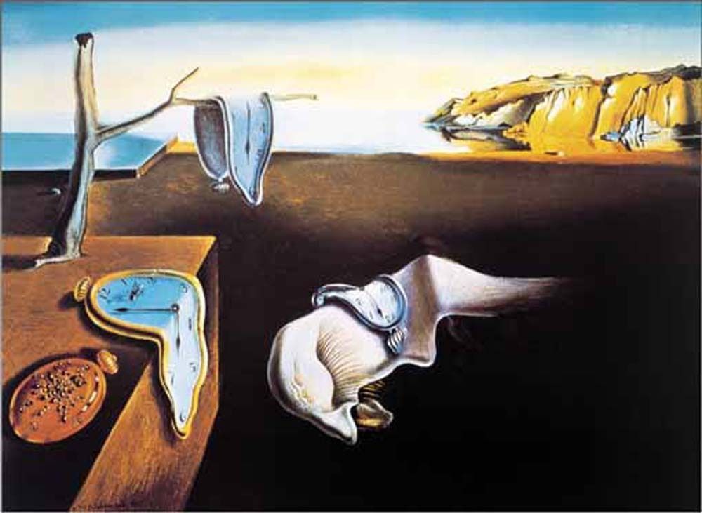 Surrealist landscape with melting clocks draped over a barren branch, a wooden block, and a fleshy, sleeping creature.
