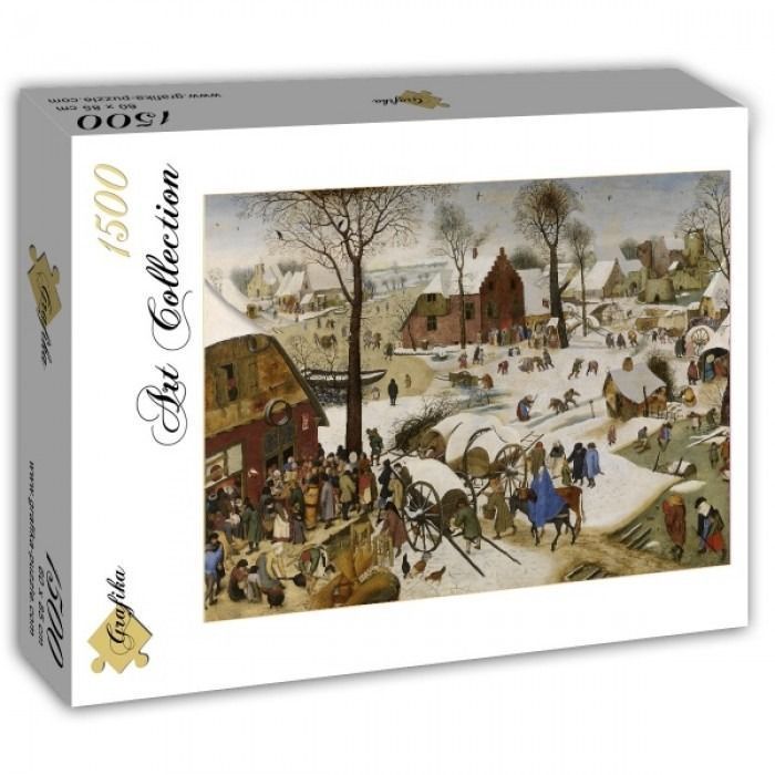 A detailed classical painting depicting a bustling winter village scene with figures, carts, and snow-covered buildings.