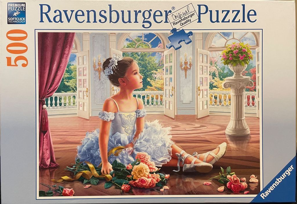 A young girl in a ballet dress sits on a wooden floor in a grand room filled with flowers.