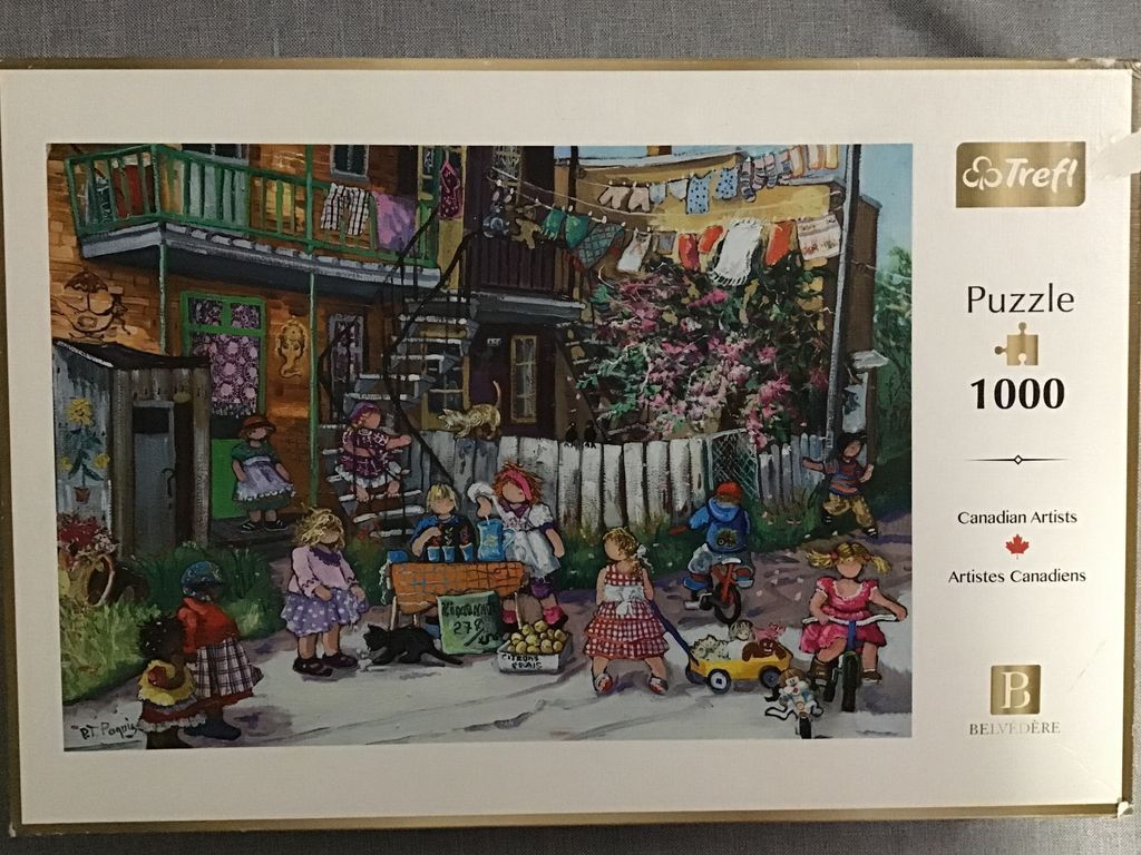 A naive-style painting of children playing in a neighborhood alleyway in front of an old multi-story building.