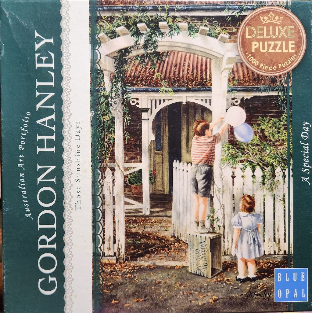 A painting of a young boy standing on a wooden crate to tie balloons to a white garden trellis outside a house.