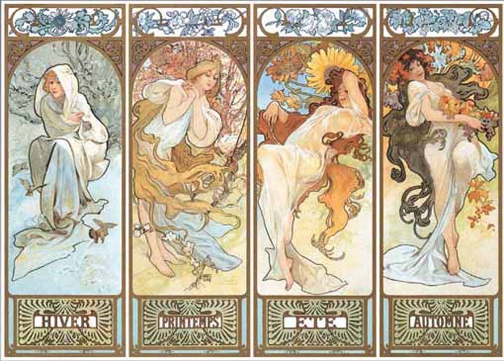 Four tall, Art Nouveau panels representing the seasons with female figures and seasonal floral motifs.