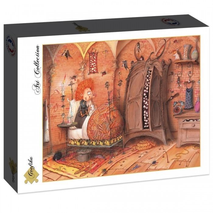 Whimsical illustration of a red-headed child sitting up in bed in a cluttered, magical room.