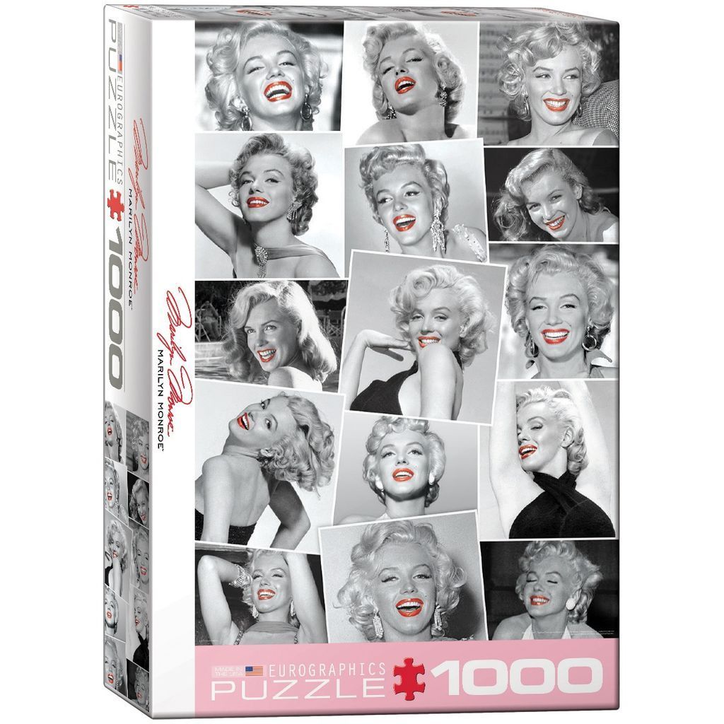A collage of Marilyn Monroe portraits in black and white with her lips accented in bright red.