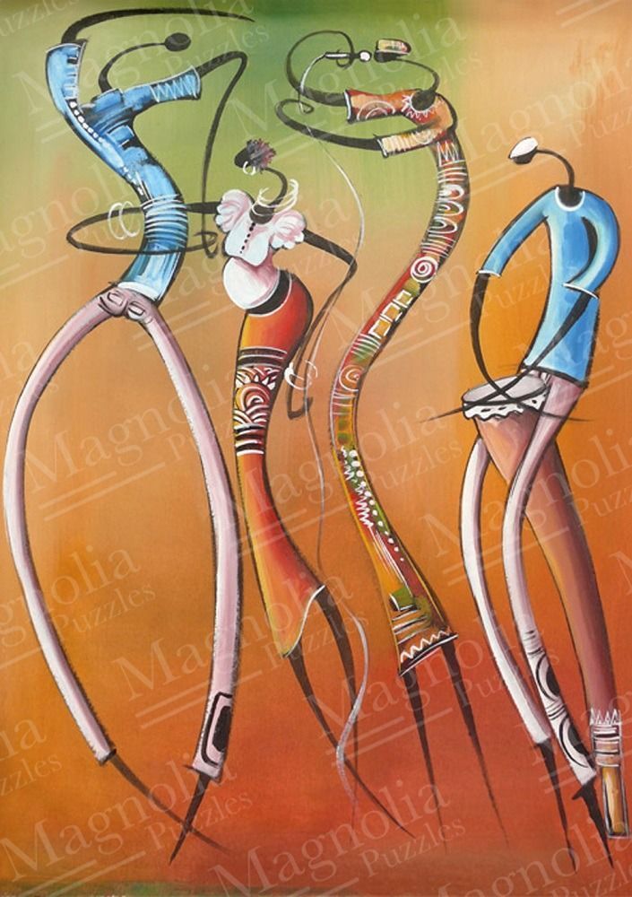 Stylized illustration of four figures with elongated limbs dancing against an orange and green gradient background.