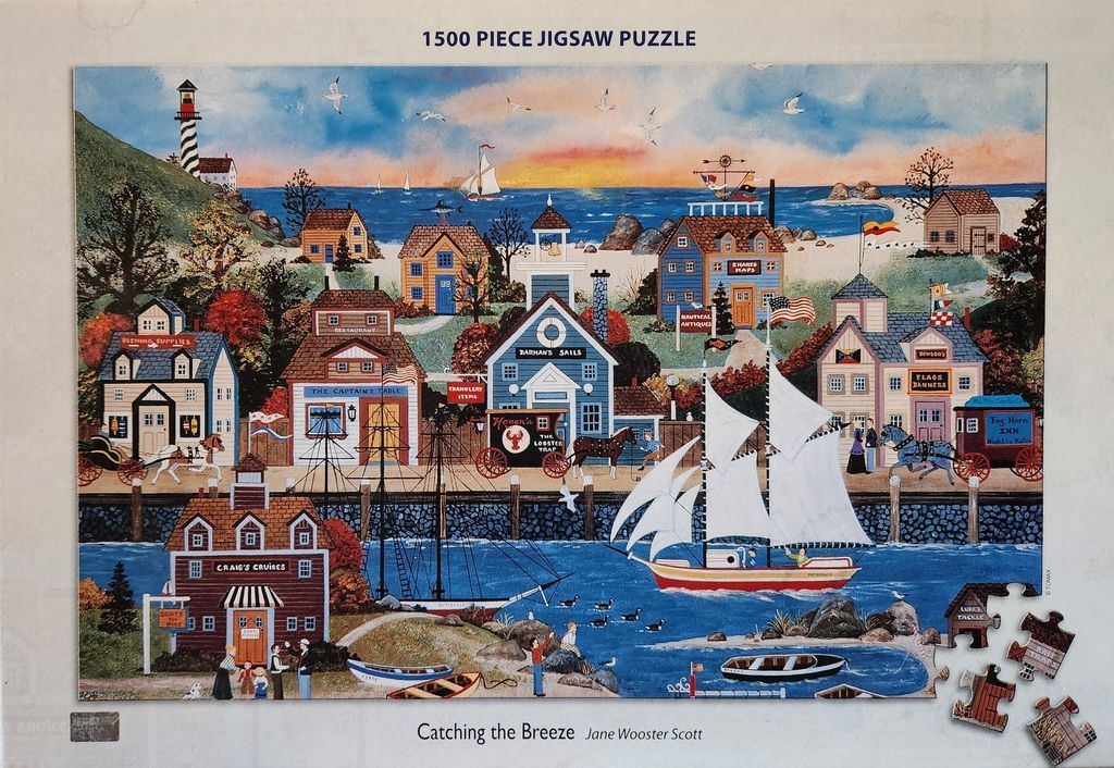 Folk art illustration of a bustling harbor town with ships, a lighthouse, and colonial-style buildings at sunset.