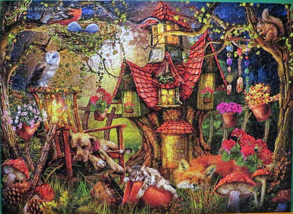 Whimsical fantasy treehouse in a dark, magical forest with resting animals and glowing lanterns.