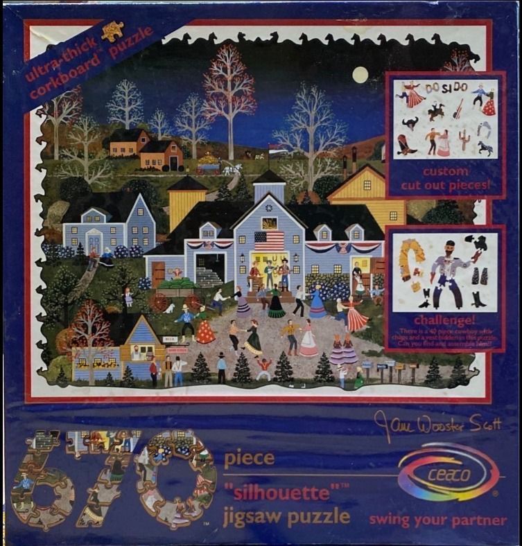 Folk art illustration of a nighttime square dance in a rural village setting with a full moon.