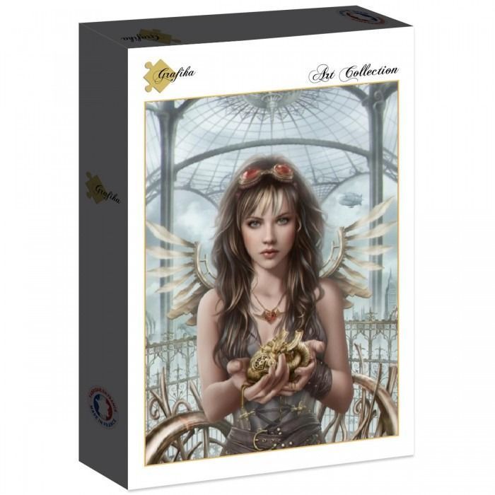 A digital illustration of a woman in steampunk attire with mechanical wings holding a golden heart-shaped clockwork device.
