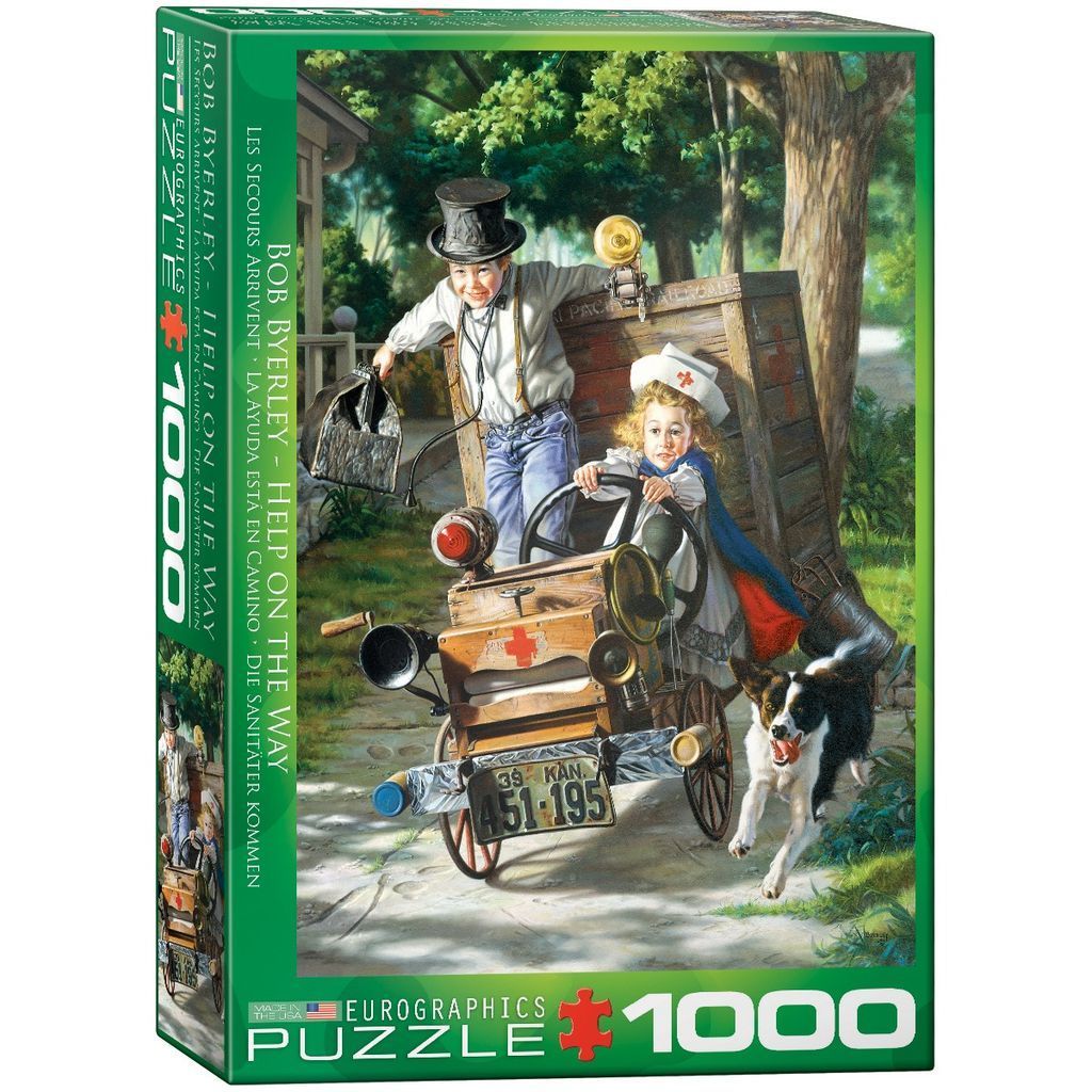 Painting of a young boy and girl dressed as doctors in a makeshift wooden vehicle with a dog running alongside.