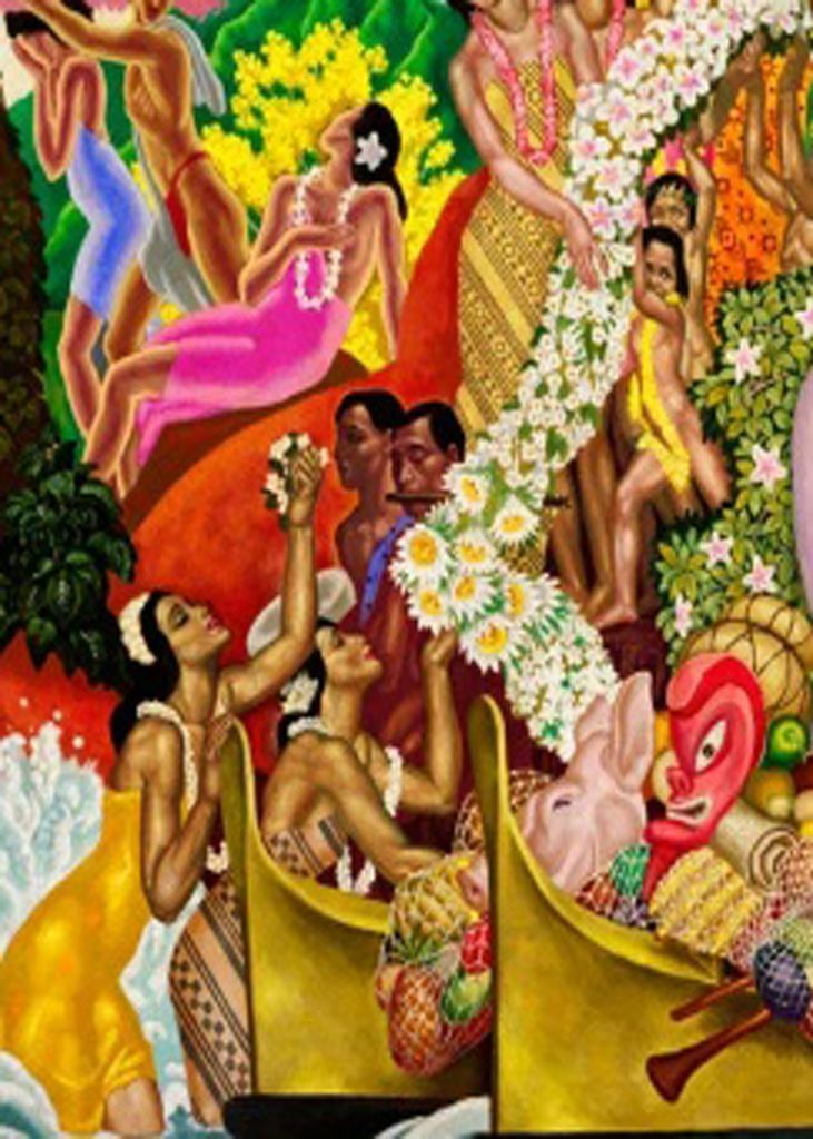 Colorful, stylized painting of Pacific Islanders in traditional dress with flowers, fruit, and a ceremonial boat.