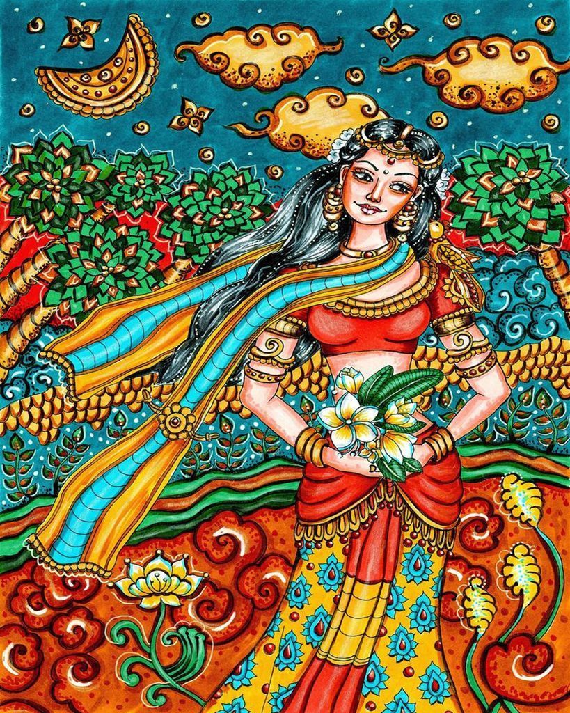An illustrated woman in traditional attire holds white flowers against a vibrant, stylized night landscape.