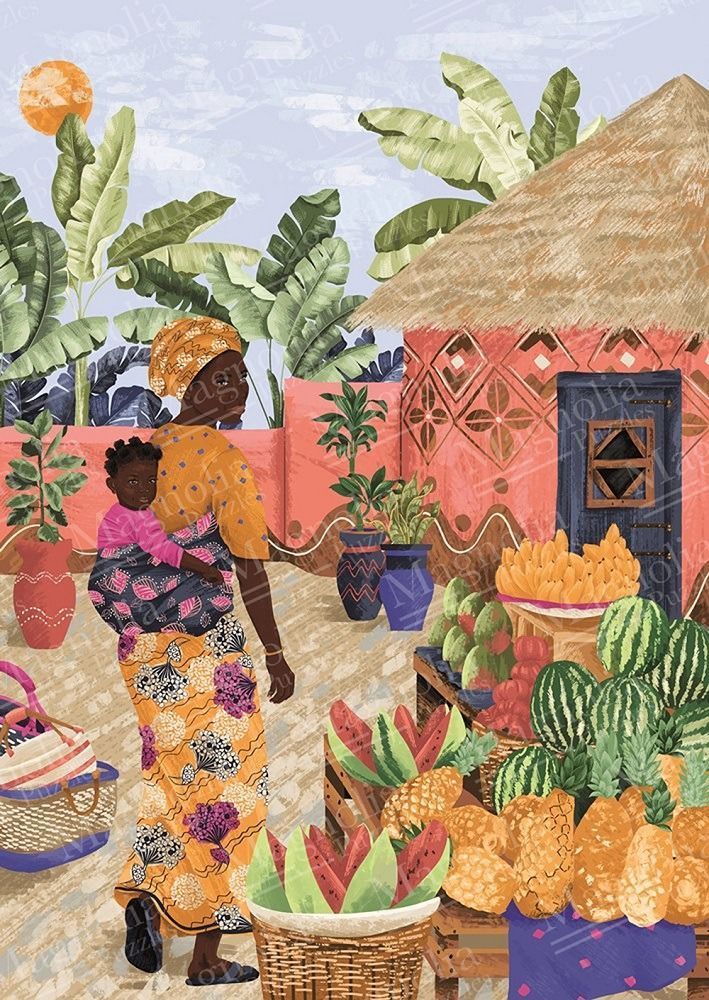 A mother carries her child on her back near a fruit stand set against a thatched-roof house and banana trees.