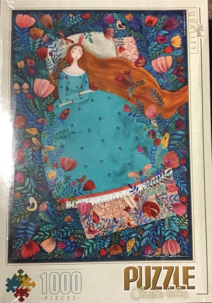 Illustration of a red-haired woman in a blue gown surrounded by lush, whimsical flowers and birds.