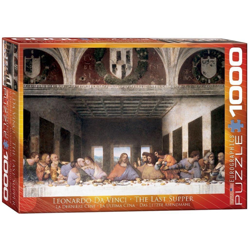 The Last Supper by Leonardo da Vinci featuring Jesus and his twelve disciples at a long table.