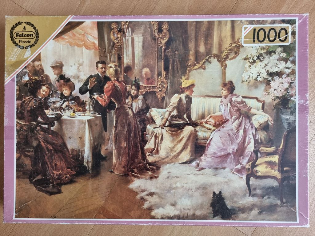 A 19th-century oil painting showing an elegant interior scene of well-dressed people socializing in a grand parlor.
