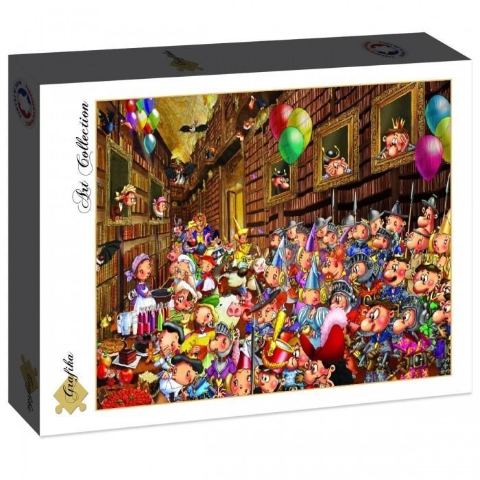 A cartoon illustration of a busy, crowded library scene filled with whimsical characters wearing costumes.