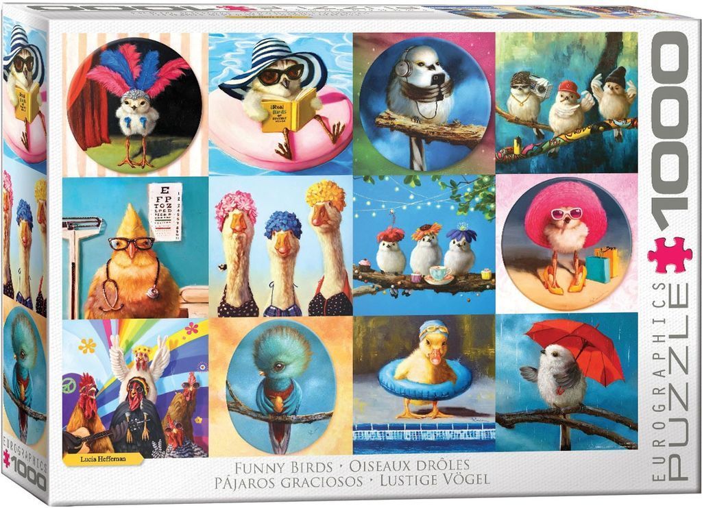 A collage of whimsical, anthropomorphic bird paintings featuring various humorous scenes.