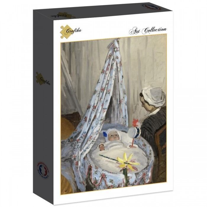 Impressionist painting of a woman in a white cap sitting beside a baby in an ornate cradle with a canopy.