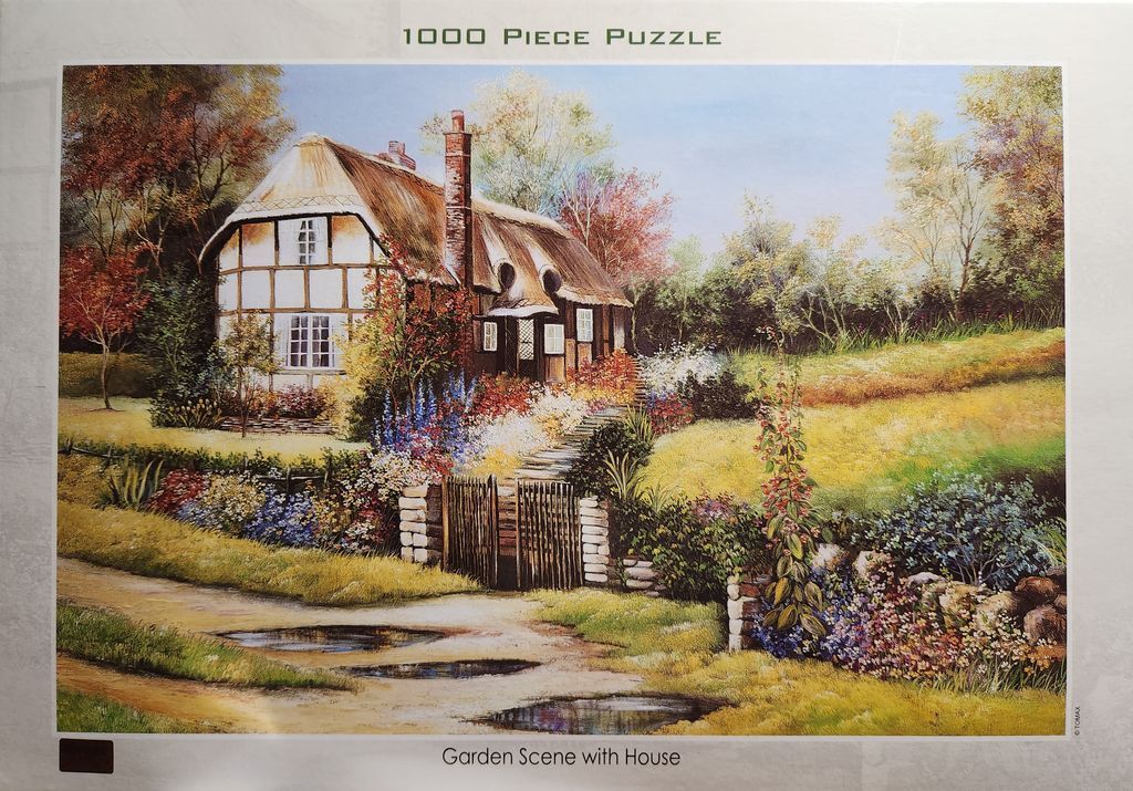 An idyllic cottage with a thatched roof surrounded by a colorful garden and a small dirt path with puddles.