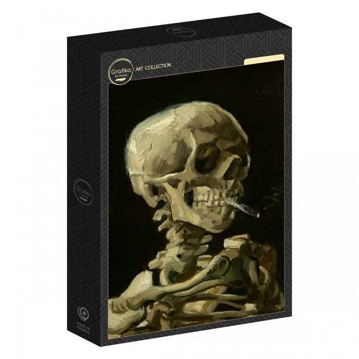 Oil painting of a human skeleton smoking a cigarette against a dark, moody background.