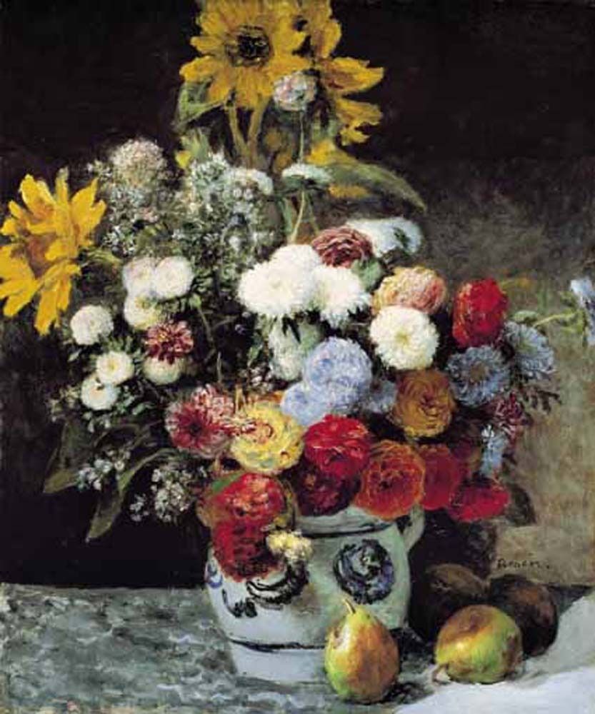 A lush, impressionistic bouquet of sunflowers, white and red asters, and mixed flowers in a ceramic vase.