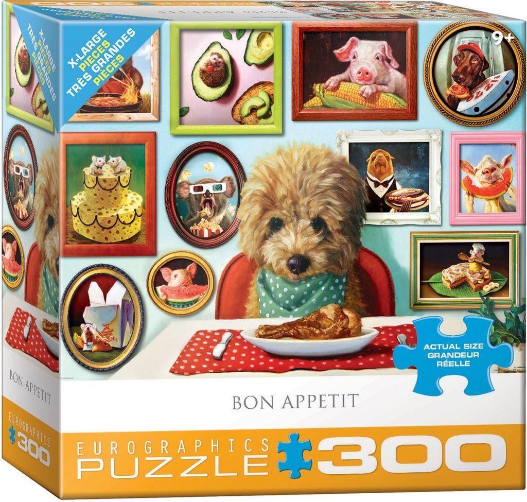 A fluffy dog sitting at a dining table surrounded by framed whimsical paintings of animals eating various foods.