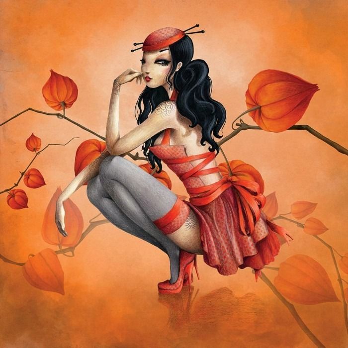 Stylized illustration of a woman in red and gray clothing crouching amidst Chinese lantern flowers against an orange sky.