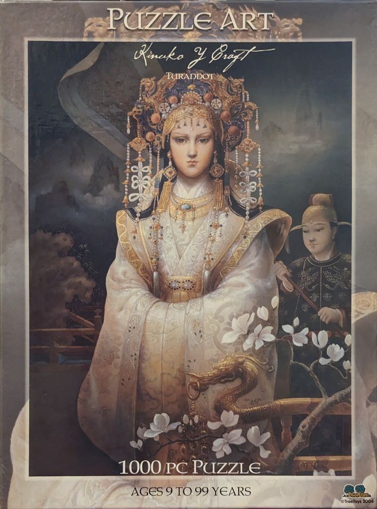 Illustration of Princess Turandot in elaborate golden and white imperial robes, standing before a hazy, dark landscape.