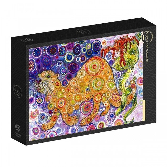 Whimsical painting of a spotted otter-like creature and a red crustacean against a vibrant, kaleidoscopic background.