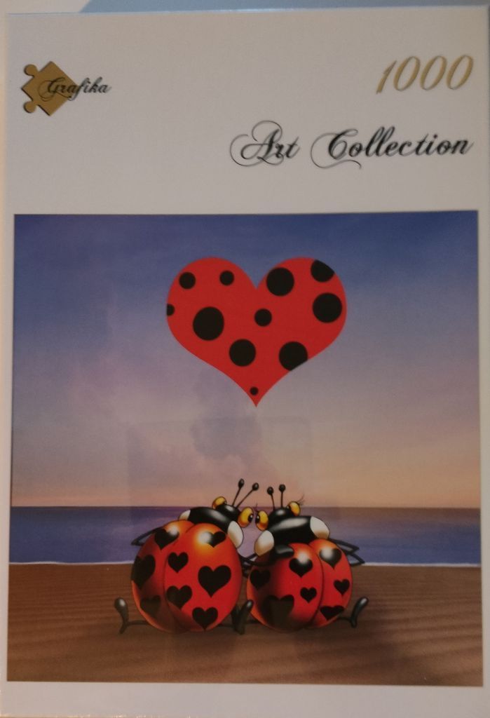 Two cartoon ladybugs with heart-shaped spots sitting on a beach at sunset, looking up at a large ladybug-patterned heart.
