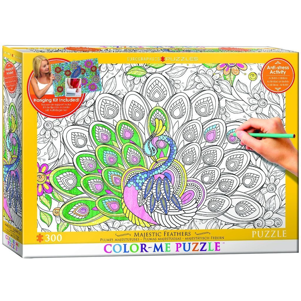 A black and white line art illustration of a peacock being partially colored in with bright markers.