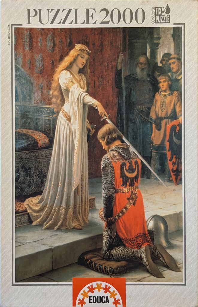 Painting of a fair-haired queen knighting a kneeling armored soldier in a medieval palace.